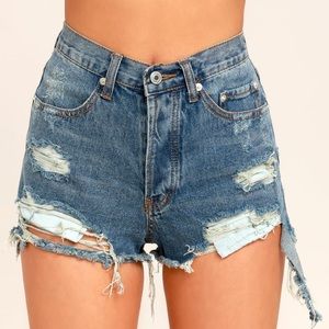 Lulus Medium Wash Destroyed High Rise Shorts
